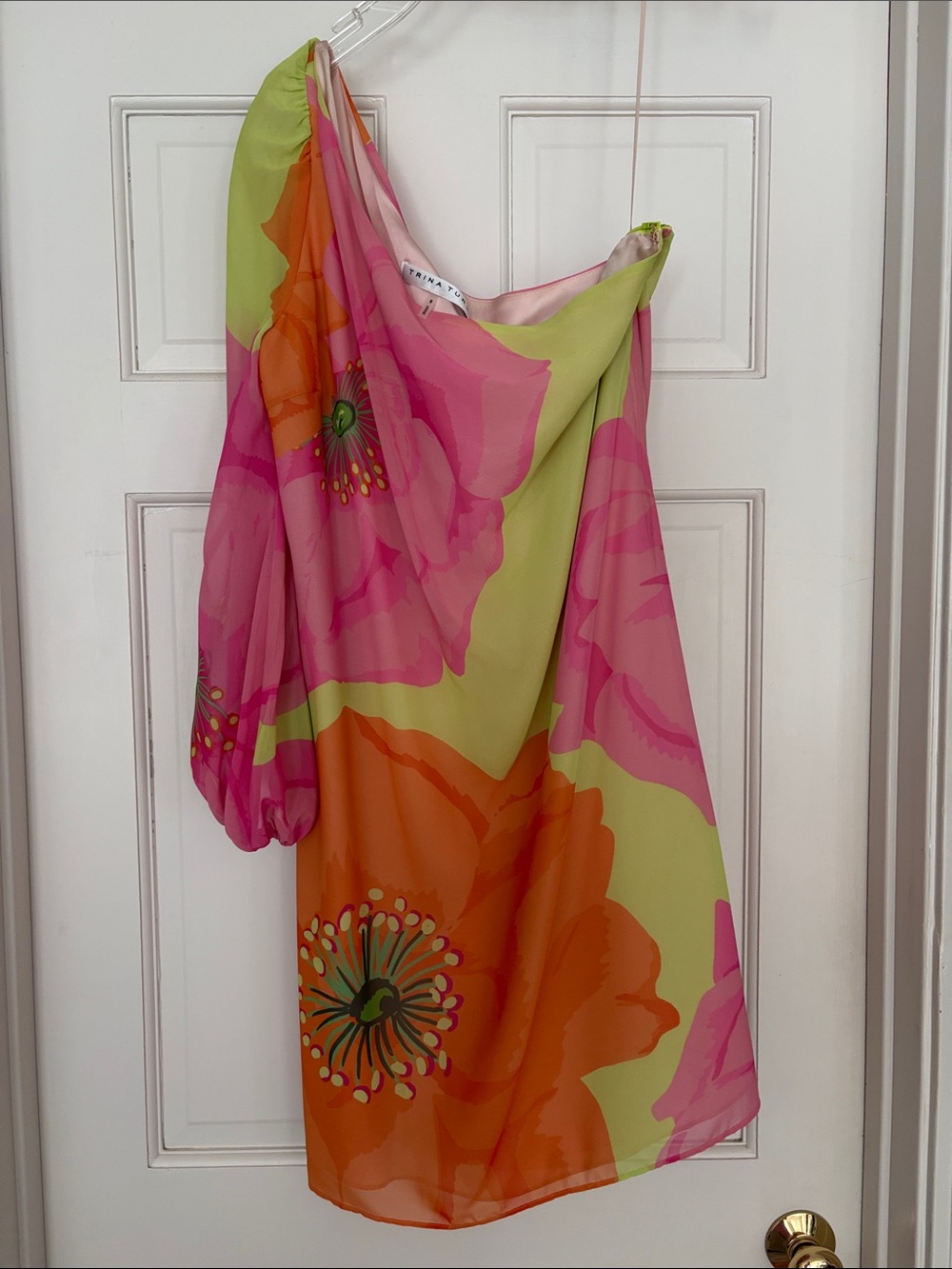 Trina Turk Pink, Lime & Peach Floral One-Shoulder Dress